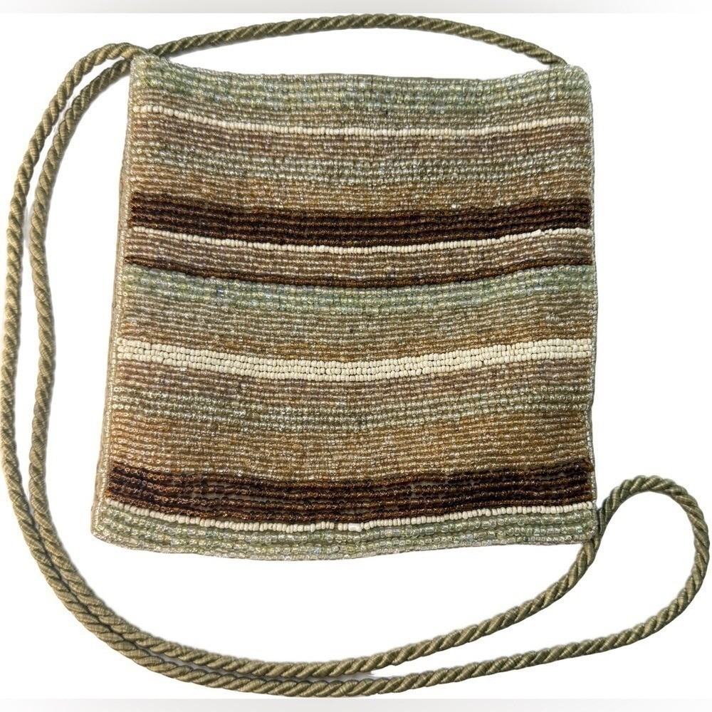 Small Mini Bag Beaded Crossbody Purse Striped Long Rope Strap Earth Tones Boho